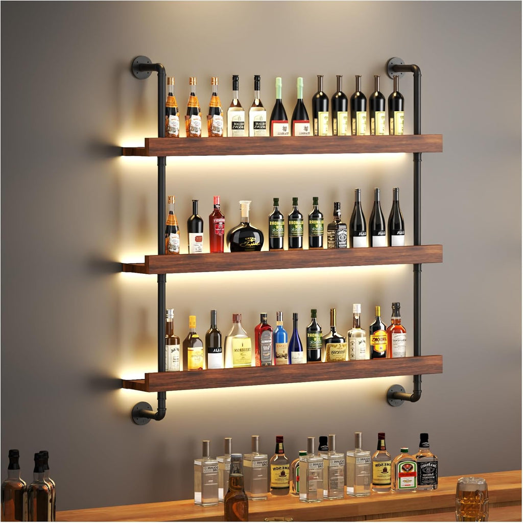 Large Wine Rack Wall Mounted with LED Light, Solid Wood Bar Shelves Wall Mounted, 3-Tiers Liquor Bottles Floating Shelves Display Storage Organizer for Home Bar, Dining Room (39.7 inch)
