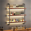 Large Wine Rack Wall Mounted with LED Light, Solid Wood Bar Shelves Wall Mounted, 3-Tiers Liquor Bottles Floating Shelves Display Storage Organizer for Home Bar, Dining Room (39.7 inch)