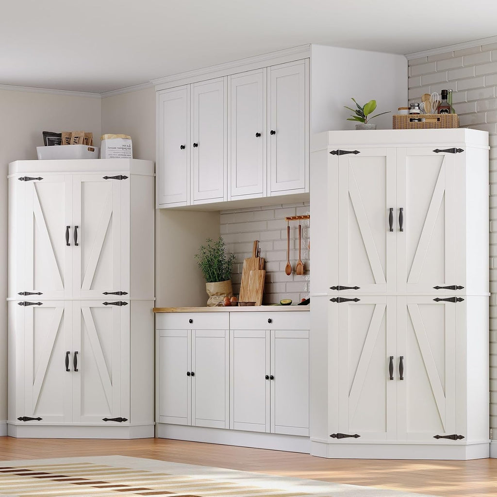 Jocoevol Corner Cabinet, Kitchen Pantry Storage Cabinet with 4 Doors and Shelves, Tall Food Pantry Storage Cabinet Farmhouse Furniture for Kitchen Dining Room, White