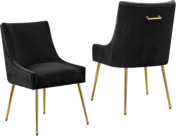 Velvet Dining Chairs Set of 2 Gold Legs,Upholstered Velvet Accent Chairs, Pleated Back Design & Gold Pull Handle, Mid Century Modern Chairs for Dining/Kitchen/Living Room,Black