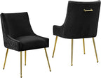 Velvet Dining Chairs Set of 2 Gold Legs,Upholstered Velvet Accent Chairs, Pleated Back Design & Gold Pull Handle, Mid Century Modern Chairs for Dining/Kitchen/Living Room,Black