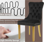 Velvet Dining Chairs Set of 4, Modern Tufted Dining Room Chair, Upholstered Dining Chairs with Lion Head Pulls Ring and Golden Solid Wood Legs, Luxury Kitchen Chairs for Dining Room, Black