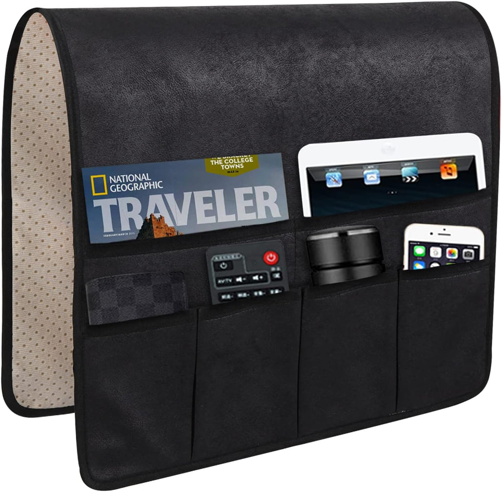 HAOMAIJIA Anti Slip Sofa Armrest Organizer Arm Chair Bedside Caddy Storage Organizer For Recliner Couch With 6 Pockets For Cell Phone Tv Remote Control Magazines (black)