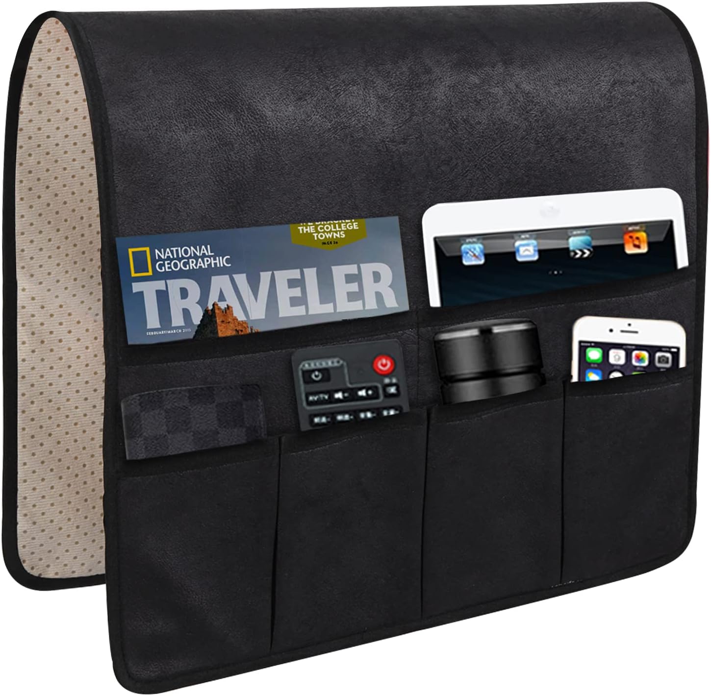 HAOMAIJIA Anti Slip Sofa Armrest Organizer Arm Chair Bedside Caddy Storage Organizer For Recliner Couch With 6 Pockets For Cell Phone Tv Remote Control Magazines (black)