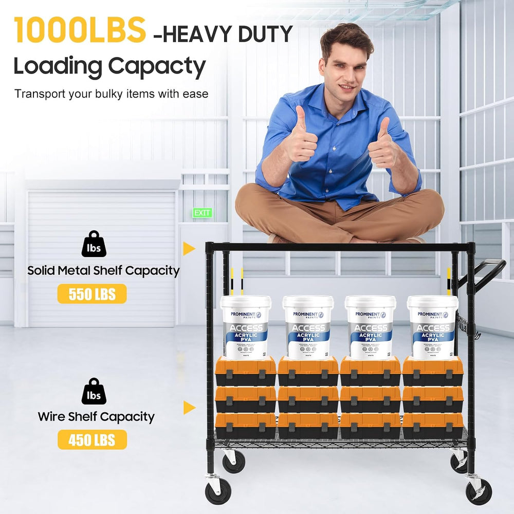 WDT 2-Tier Utility Cart with Wheels, Metal Cart with 1000LBS Capacity, NSF He...