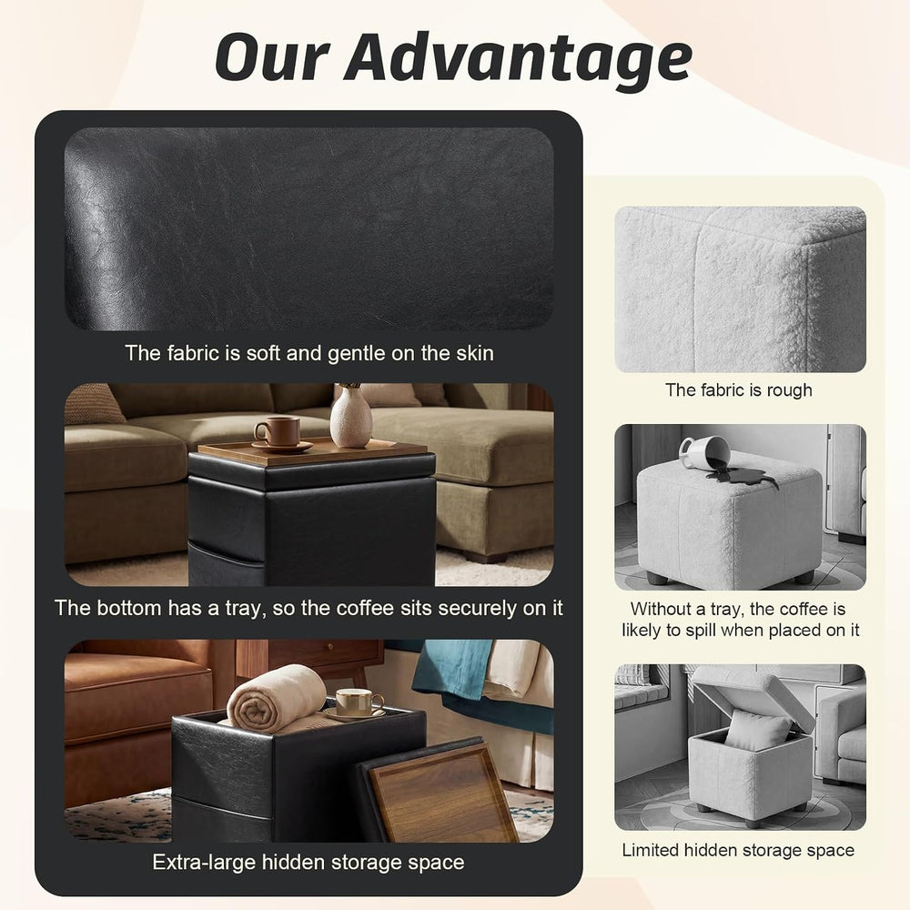 16" Faux Leather Storage Ottoman Foot Rest Stool with Wooden Tray, Foots...