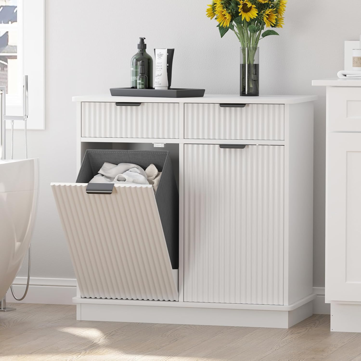 White Double Tilt Out Laundry Hamper Cabinet Laundry Basket Cabinet Hidden Laundry Hamper with 2 Drawers & 2 Baskets for Bathroom Bedroom,30x30x16in