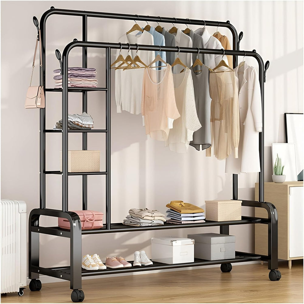 Double Rail Wardrobe nizer - 2-Tier Stora Shelf with 4 Hoo & Wheels - Ver...