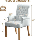 Fabric Dining Chair with Arms, Upholstered Tufted High Back Dining Room Chairs, Accent Armchair with Solid Wood Leg and Nailhead Trim, Kitchen Dining Living Room, Sky Blue