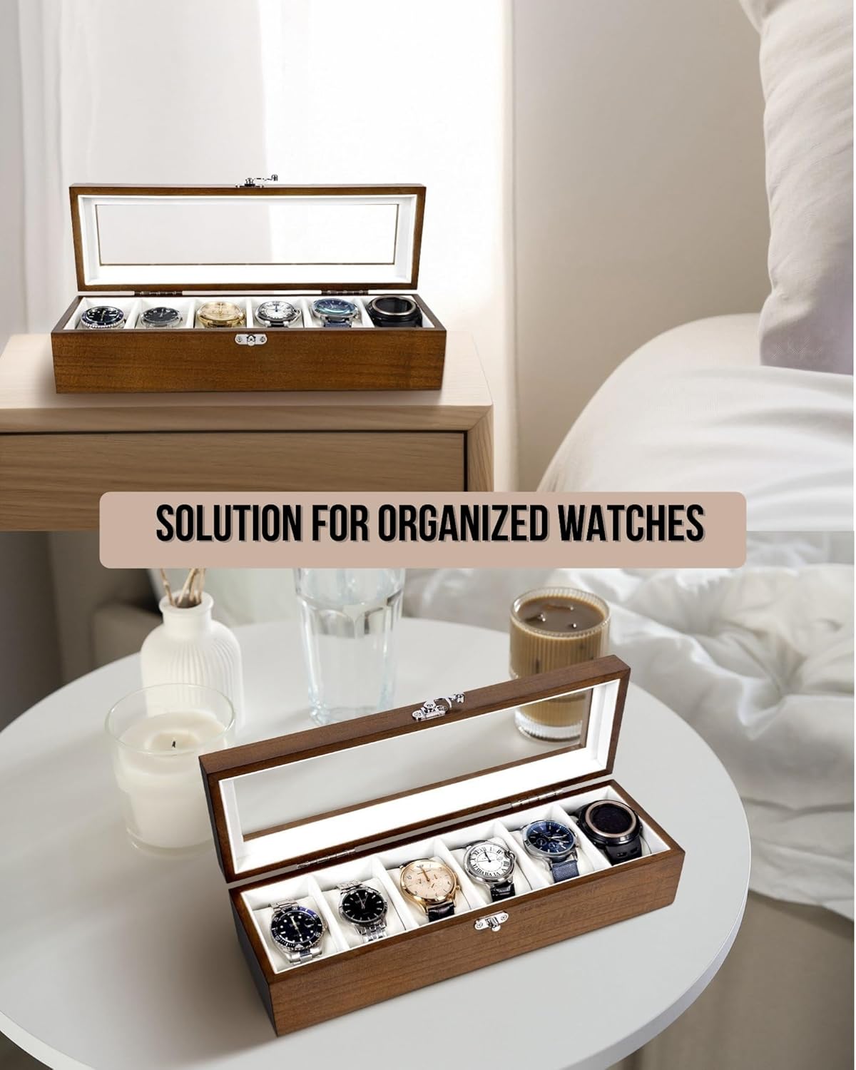 Watch Box, Watch Case for Men Women with Large Glass Lid, Wooden Watch Display Storage Box with 6 - Slots, Rustic Brown Mens Watch Box Organizer