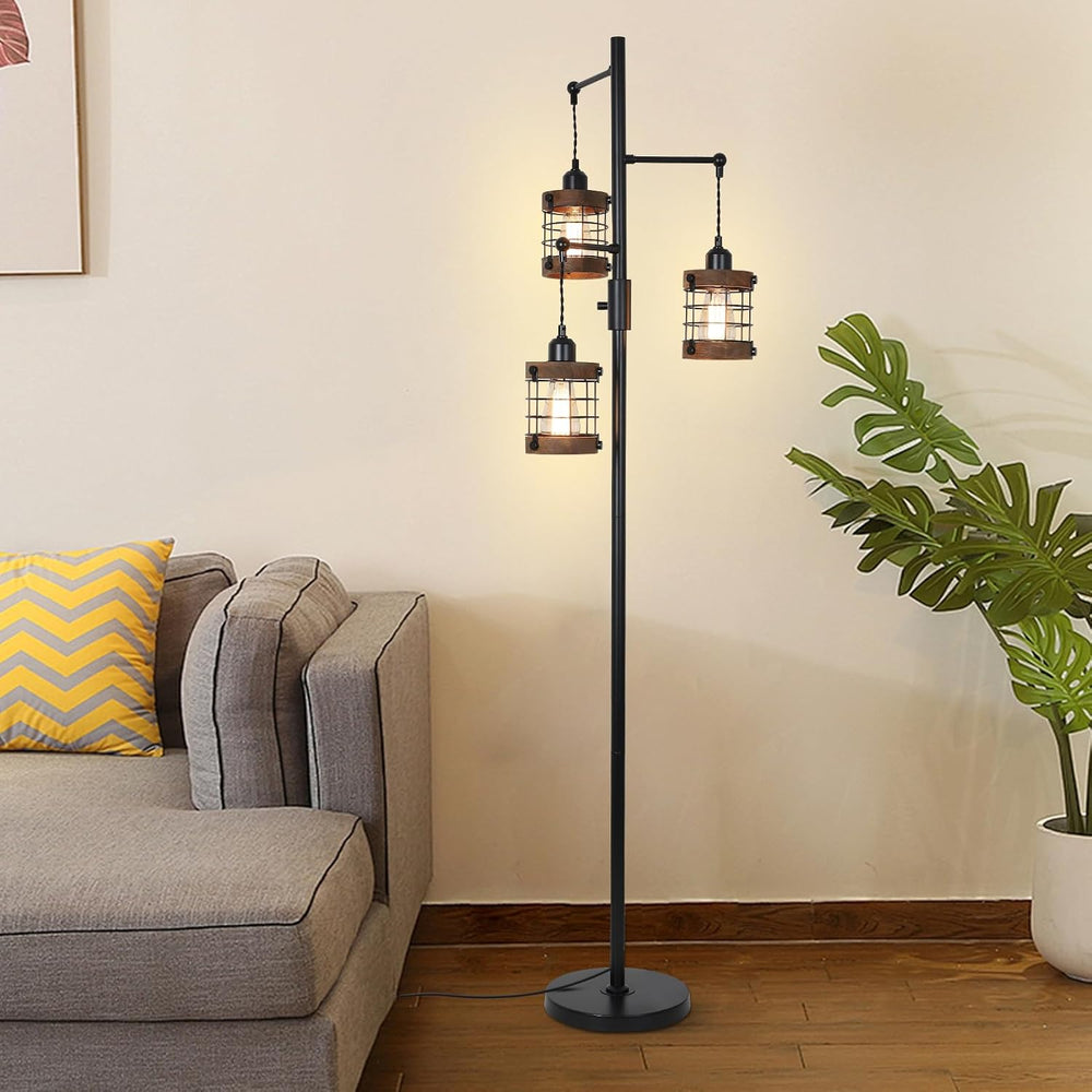 Dimmable Floor Lamps for Living Room, 3-Light Industrial Floor Lamp with Wood...