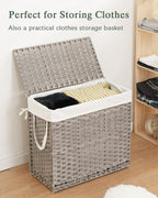 Laundry Hamper with Lid Laundry Basket 132 L (35 Gal) Wicker Clothes Hamper, Handwoven Rattan Hamper with Handles and 4 Removable Liner Bags, 6 Mesh Bags for Laundry Bedroom Gray