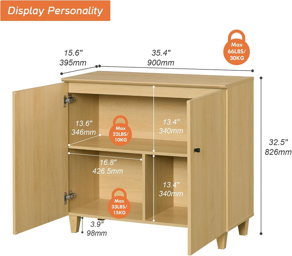 WAMPAT 35.4" Wood Sideboard Buffet Table with 2 Doors – Small Oak Creden...