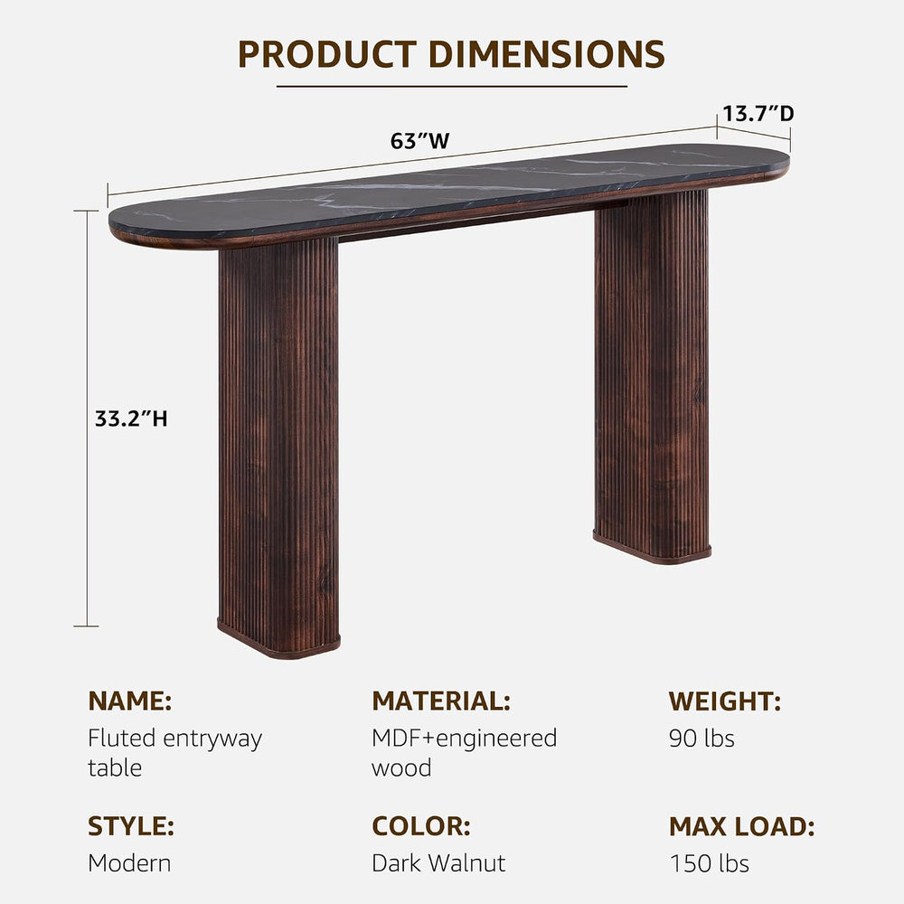 OKD 63 Inch Modern Console Table with Arc Faux Marble Texture Top, Fluted Woo...