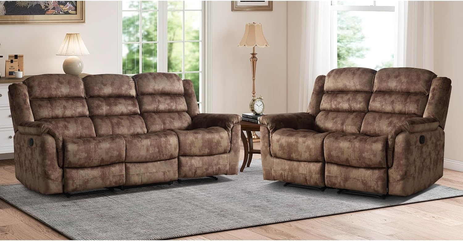 2 Pieces Reclining Couch Furniture Set, Overstuffed Reclining Loveseat Couch and Wide 3PC Bonded Recliner Sofa Set for Living Room, Brown