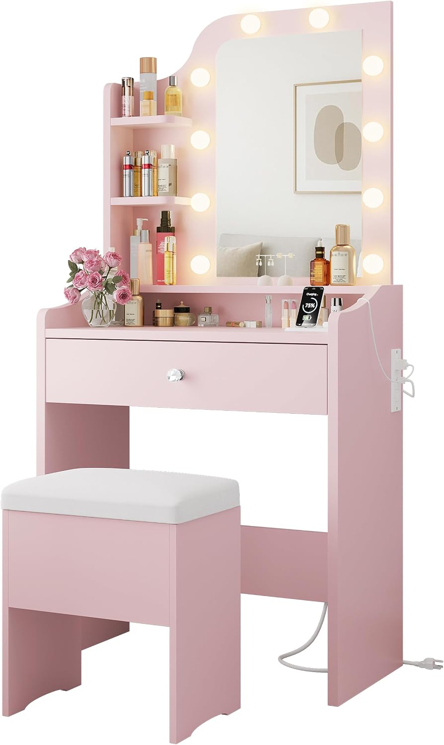 LIKIMIO Small Vanity Desk with Mirror Lights and Storage Stool, Pink | Vanity...