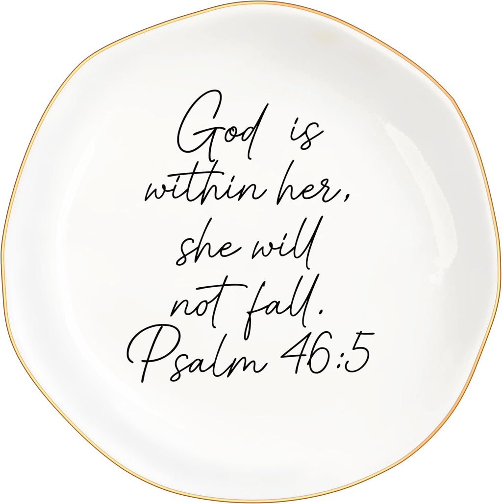 Christian Gifts for Women, Bible Verse Ceramic Jewelry Dish Trinket Ring Tray, Inspirational Floral Gift for Mom Sister Friend Birthday Christmas-God is within Her Psalm 46: 5 (White-46:5)
