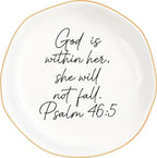 Christian Gifts for Women, Bible Verse Ceramic Jewelry Dish Trinket Ring Tray, Inspirational Floral Gift for Mom Sister Friend Birthday Christmas-God is within Her Psalm 46: 5 (White-46:5)