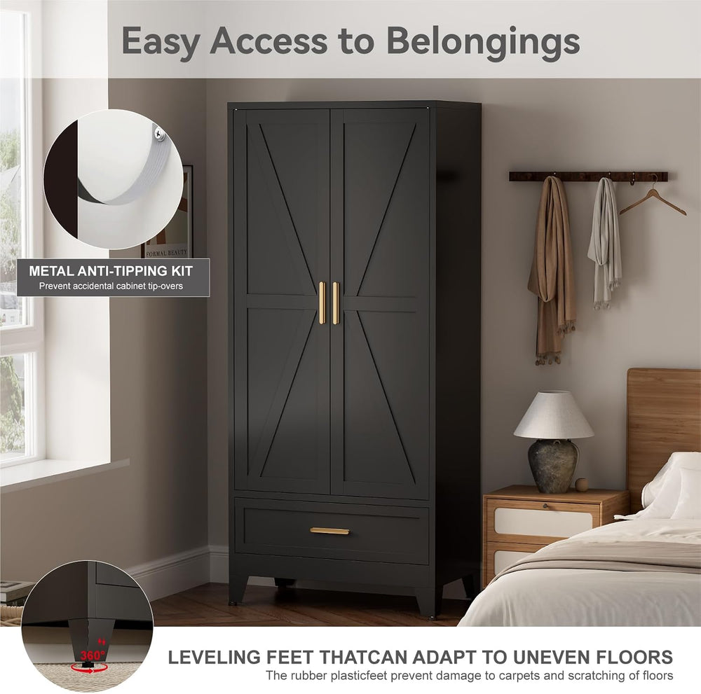 COFaR 71 Farmhouse Metal Wardrobe Closet with Hanging Rod, 2 Barn Doors, Adju...