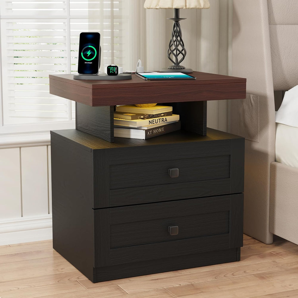 MHOM Farmhouse LED Nightstand Set of 2, Wood Bedroom Side Table with Charging...