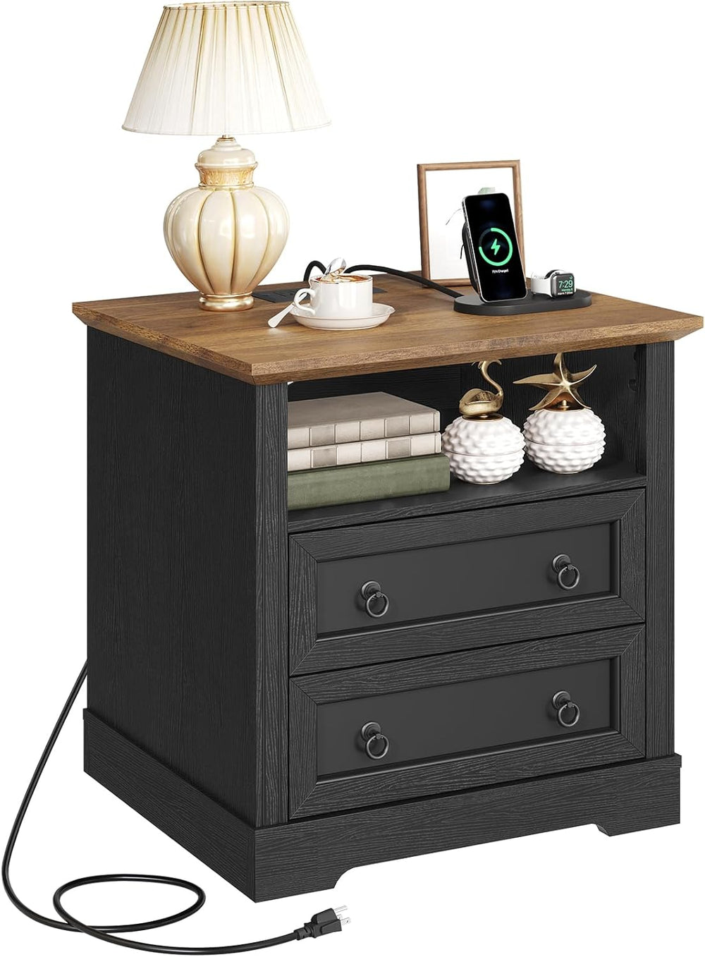 Farmhouse Nightstand with Charging Station, Wooden Bedside End Table with 2 D...