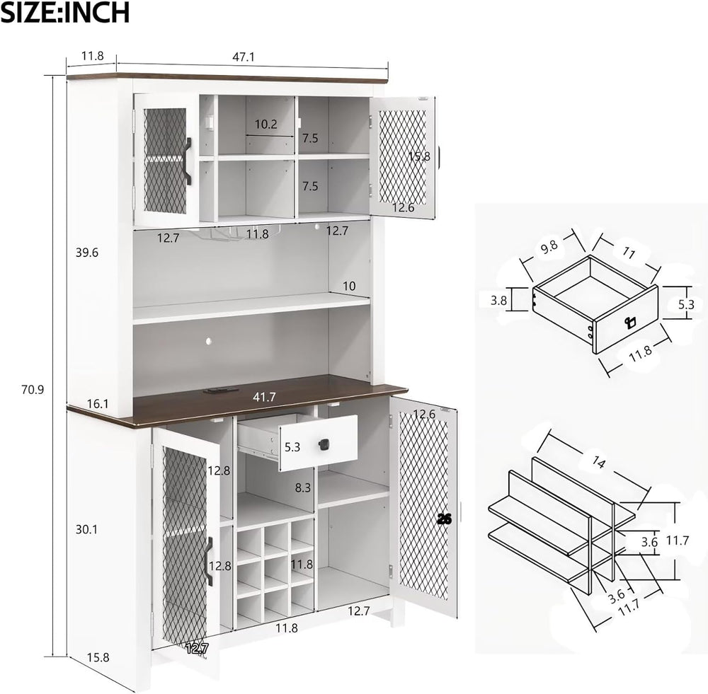 DRIXNO 70.9" White Kitchen Pantry Cabinet with RGB LED Lights & Char...