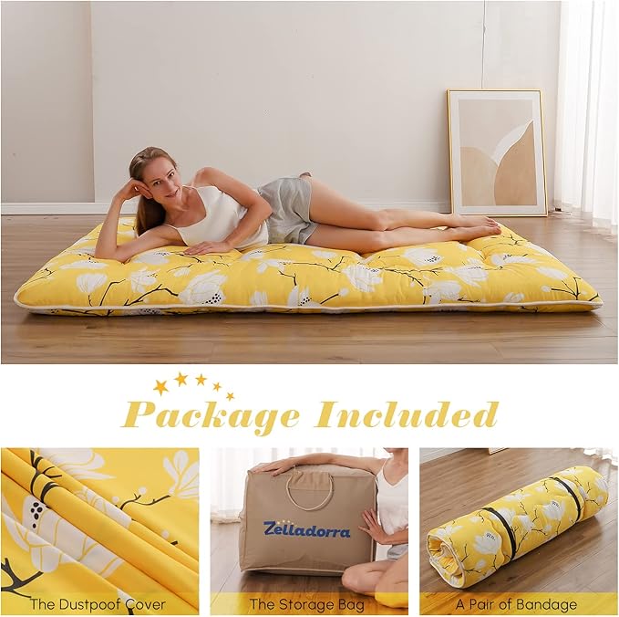 Japanese Floor Mattress, Futon Mattress with Portable Storage Bag and Washabl...