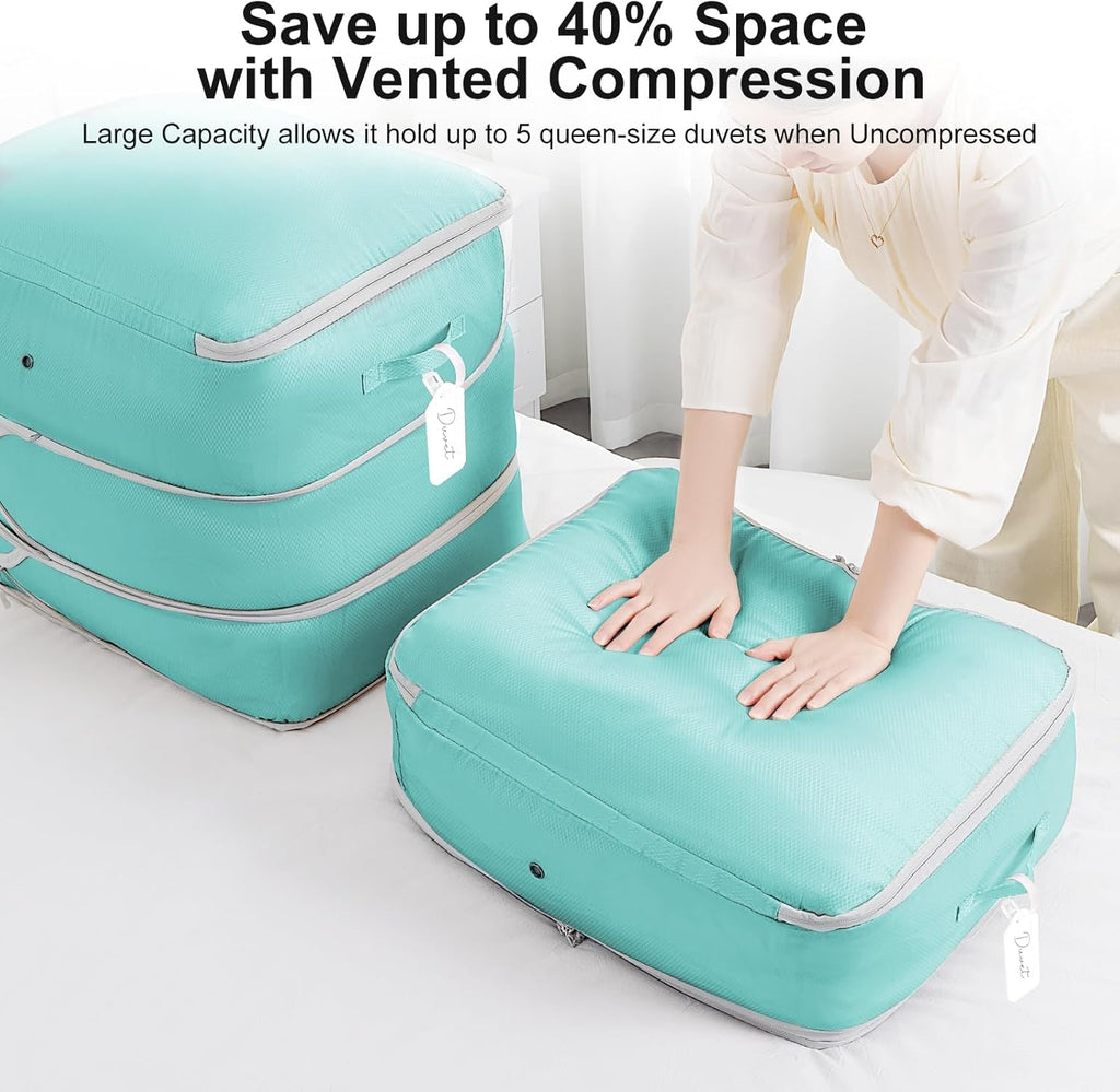 Comforter Storage Bag - Large Capacity Blanket Storage Bags 3-Layer Ultra Space Saving Self Compression Organizer, Washable Compression Bags for Storage Comforter Blanket, 4-Pack, Blue