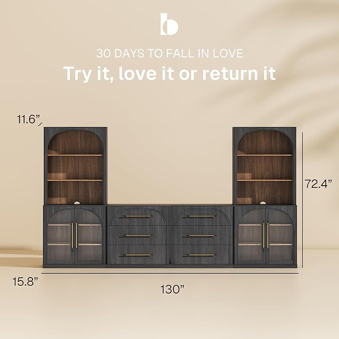 BELLEZE 6-Piece Modular TV Stand Set - 2 Arched Glass Door Sideboards, 2 Sideboards with Drawer, 2 Hutch Cabinets, Classic Modern Media Console Entertainment Center for Living Room (Ebony)