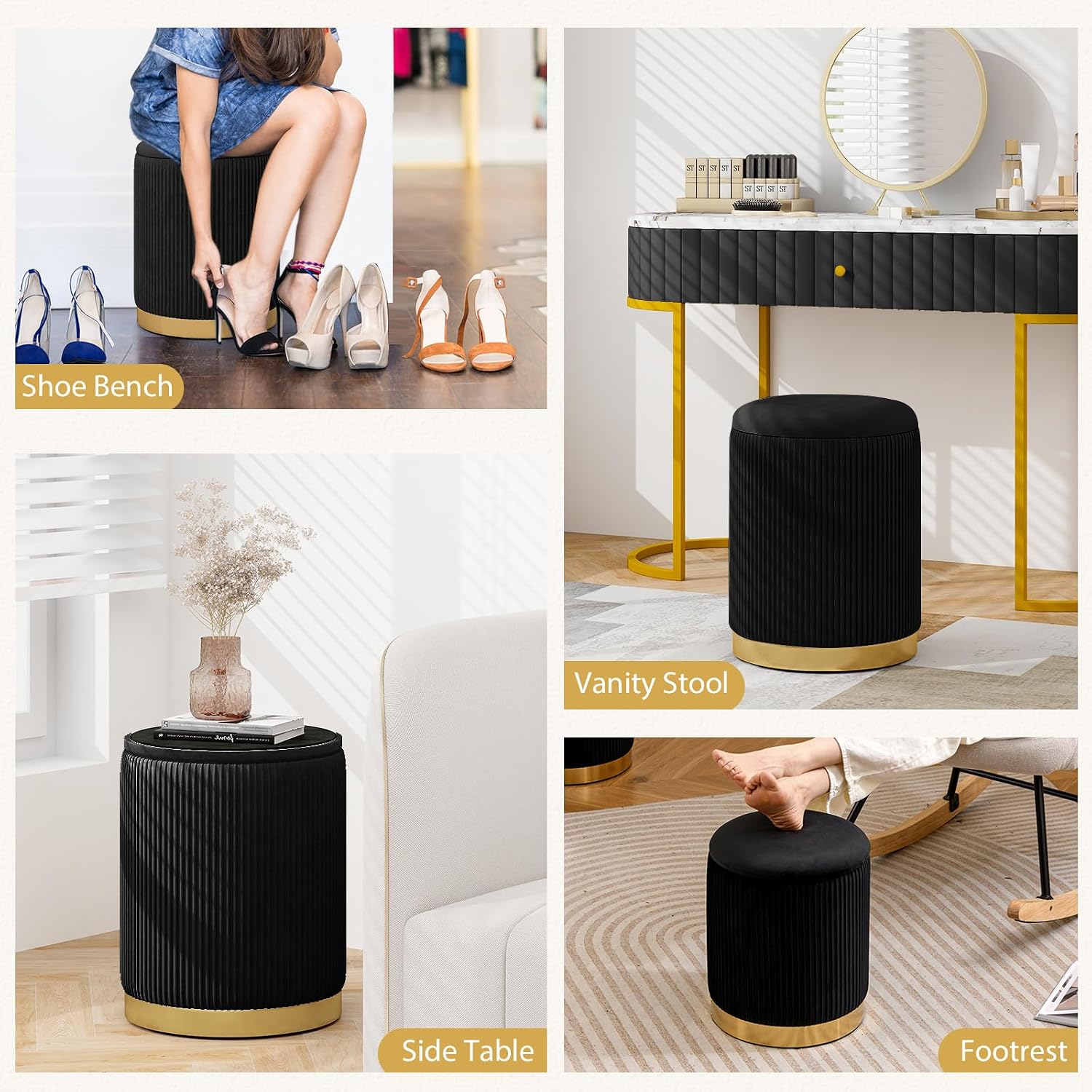 Giantex Ottoman with Storage - Set of 2 Storage Ottomans, 1 Large & 1 Small Nesting Ottoman Side Table, Upholstered Velvet/Linen Round Foot Rest Vanity Stool for Bedroom Living Room (Black)