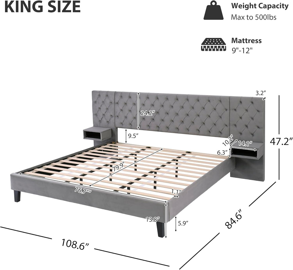 King Size Platform Bed with Headboard, Velvet Upholstered Platform Bed with 2...