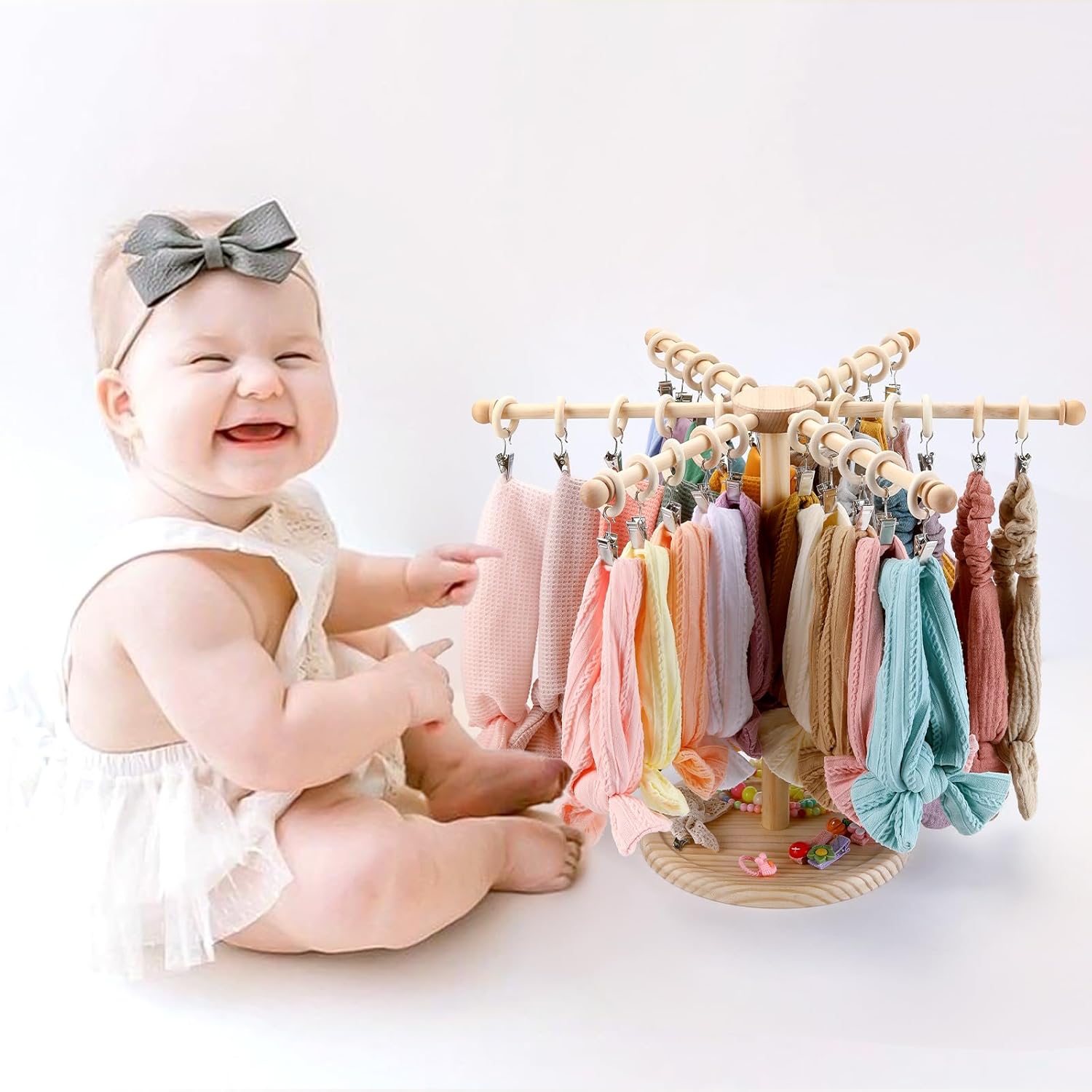 POVETIRE Headband Holder Bow Organizer for Girls,360 Rotating Hair accessories Organizer Storage Baby Headband Display Stand Hair Bow Rack for Toddler Nursery Decor