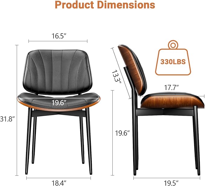 Dining Chairs Set of 8, Dining Room and Kitchen Chairs, FSC Certified Mid Century Modern Accent Chair, Upholstered PU Leather Chairs for Vanity with Walnut Bentwood and Metal Legs, Black