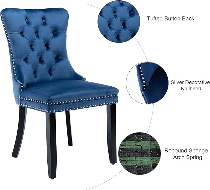 Velvet Dining Chairs Set of 2, Tufted Upholstered Dining Room Chairs with Back Ring Pull, Nailhead Trim and Solid Wood Legs, Modern Dining Chairs for Dining Room, Kitchen(Blue)