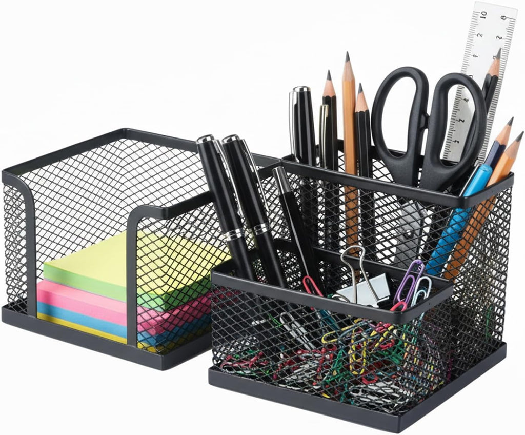 Pencil Holder for Desk, Dual-Compartment Mesh Desk Organizer Set, 2-Piece Set Black Pen Storage Holder & Post It Organizer for Home Office Desk Supplies