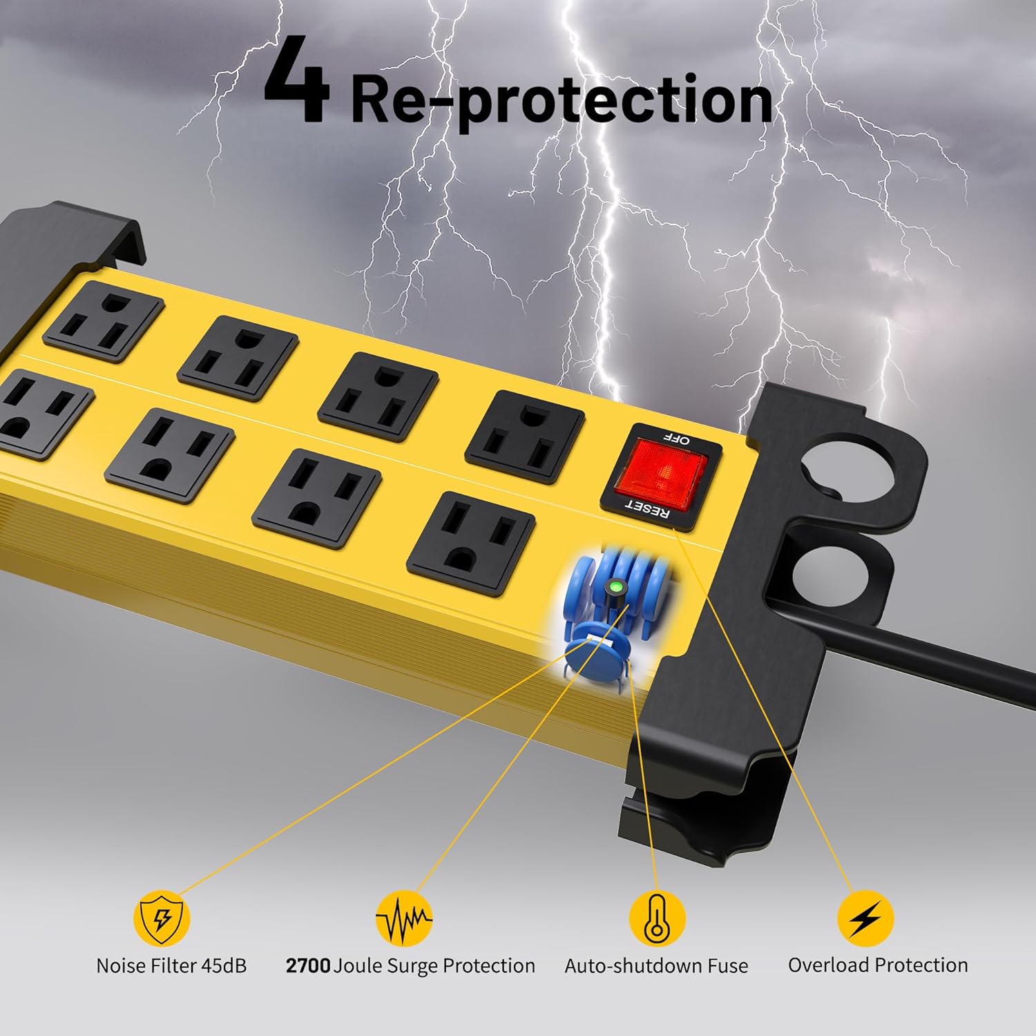 8 Outlet Heavy Duty Power Strip, 2700J Surge Protector with 10FT Extension Cord, Industrial Metal Powerstrip 15Amp, Wall Mount for Garage Workshop Outdoor Home Office, Wide Spaced (10ft)