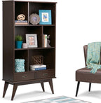 SIMPLIHOME Draper Bookcase - 64 inch Tall Solid Hardwood Wide Storage Bookshelf in Medium Auburn Brown, Mid-Century Modern Storage for Living Room or Office with Adjustable Shelves and Tapered Legs