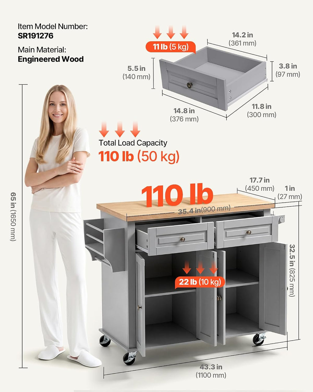 VEVOR Kitchen Island Cart with Storage, 43.7 in Wide Mobile Rolling Storage Island on Swivel Wheels, with 2 Drawers, Storage Cabinet, Spice/Towel Rack, Hooks, Table for Home Dining Room, Gray