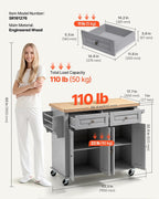 VEVOR Kitchen Island Cart with Storage, 43.7 in Wide Mobile Rolling Storage Island on Swivel Wheels, with 2 Drawers, Storage Cabinet, Spice/Towel Rack, Hooks, Table for Home Dining Room, Gray