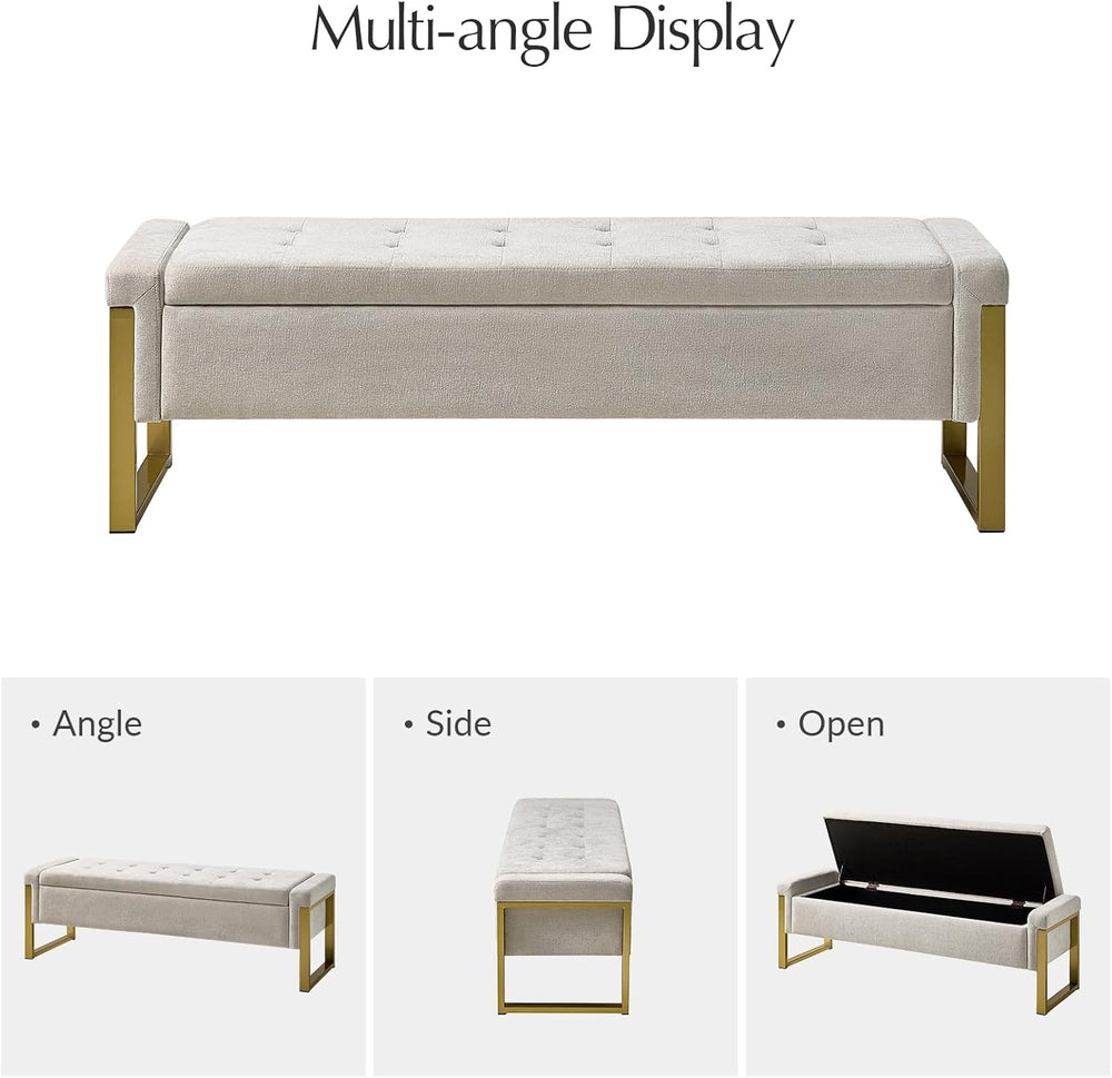 Modern Storage Ottoman Bench with Gold Metal Legs Upholstered Footrest End-of...