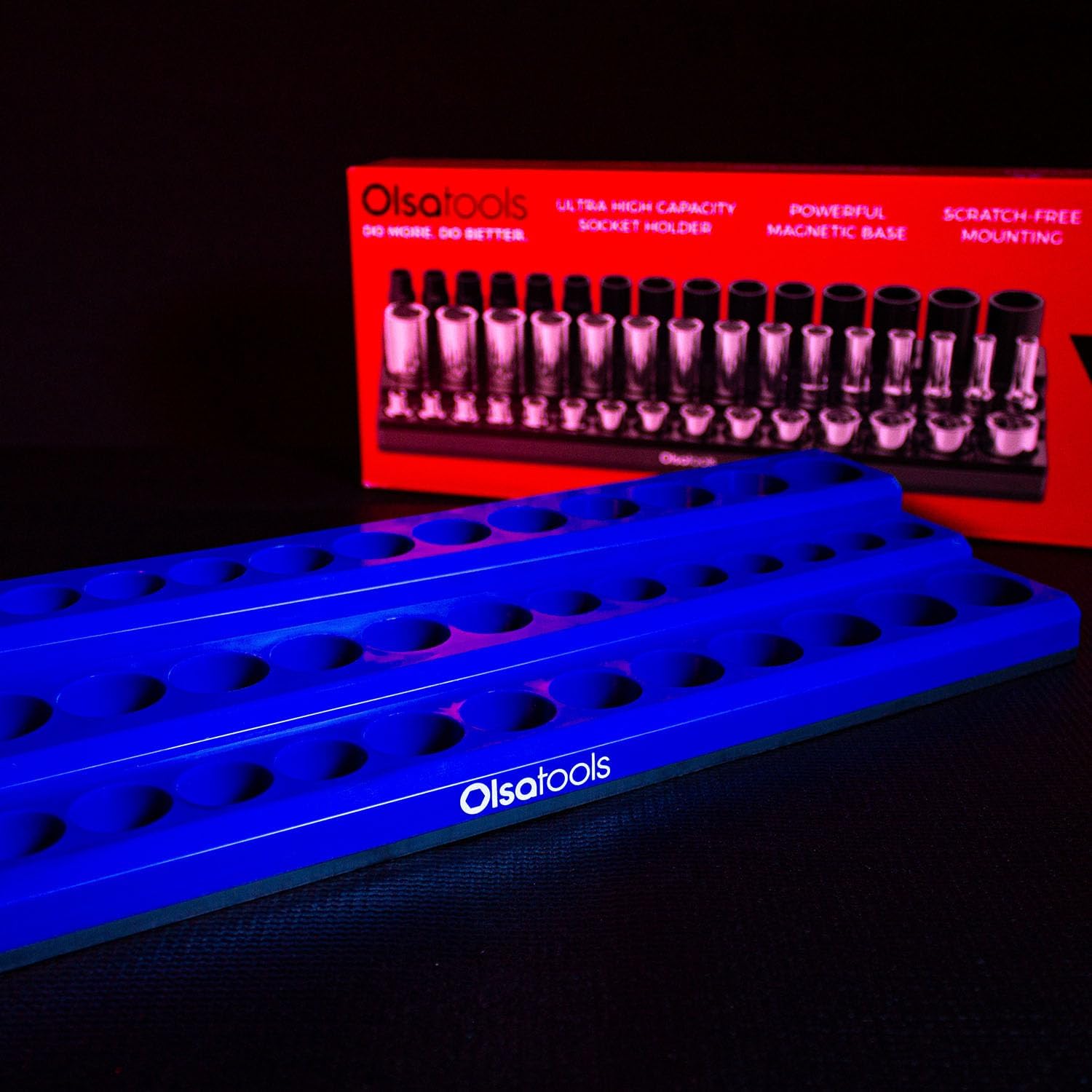 Olsa Tools Magnetic Socket Organizer (3/8-Inch Drive, 3-Row) - Magnetic Tool Organizer & Socket Holder - Tool Box Socket Organizers - Blue Blank - Holds 54 Sockets - Professional Grade - Part: 1683