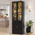Cyclysio 80" Tall Pantry Cabinet with Arched Glass Doors and Lower Storage Cabinet, Black Kitchen Pantry Storage Cabinet with Interior Motion Sensor Light, Adjustable Shelf, Baseboard Cutout