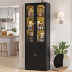 Cyclysio 80" Tall Pantry Cabinet with Arched Glass Doors and Lower Storage Cabinet, Black Kitchen Pantry Storage Cabinet with Interior Motion Sensor Light, Adjustable Shelf, Baseboard Cutout