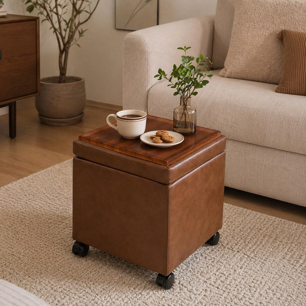 15 inch Square Storage Ottoman with Wheels and Tray Lid, Faux Leather Tufted ...
