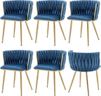 Velvet Dining Chairs Set of 6, Modern Upholstered Dining Chairs with Gold Metal Legs for Dining Room, Vanity, Kitchen, Living Room(Blue)