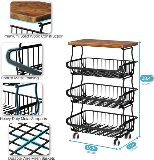 4 Tier Vegetable Fruit Basket for Kitchen, Stackable Metal Fruit and Vegetable Storage Baskets with Rolling Wheels Cart, Fruteros Para Cocina Potato and Onion Bin Pantry Kitchen Island Cart Counter