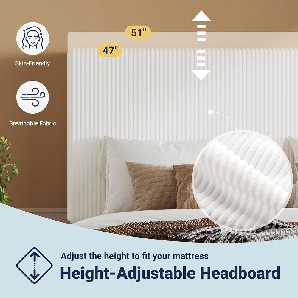 Allewie King Bed Frame, Corduroy Tufted Headboard, White