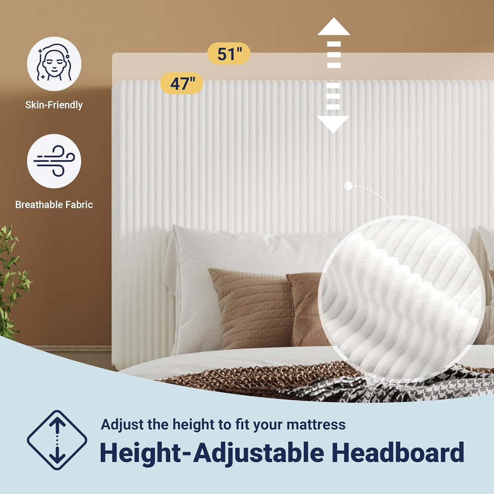 Allewie Queen Bed Frame, Corduroy Tufted Headboard, White