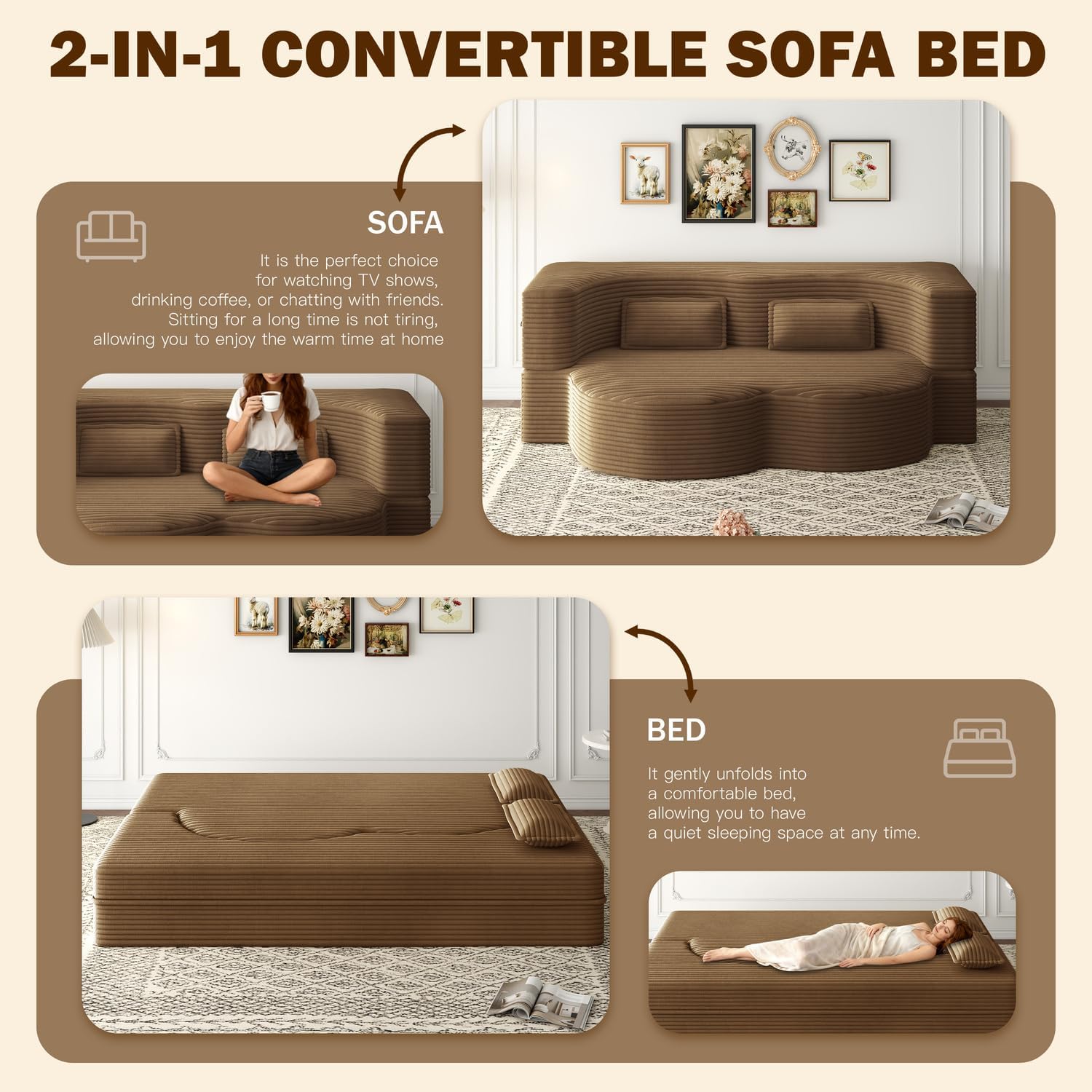 2 in 1 Convertible Folding Sofa Bed, Corduroy Boneless Couch Bed, Loveseat | Modern Corduroy Fabric Futon Sleeper Love Seat Couch Twin Size for Living Room, Office, Guest Use, Apartment, With Pillow