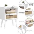 Lerliuo Rattan Nightstand, Bedside Table with Drawer Open Shelf, Cane Accent Side End Table with Solid Wood Legs, White Mid Century Night Stand for Bedroom, Dorm and Small Spaces